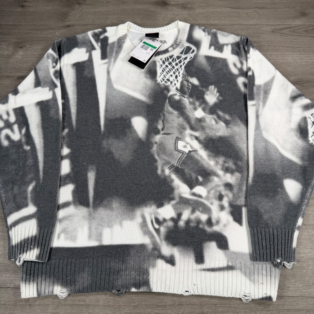 Air Jordan Nike Sweater AOP Knit Mens XL Distress Loose Fit HQ1635-133